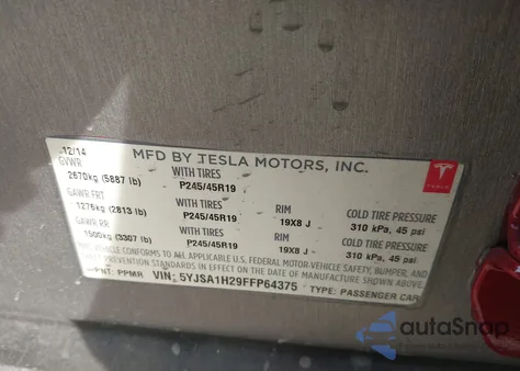 2015 Tesla Model S 70D/85D/P85D из США, поврежденный, VIN 5YJSA1H29FFP64375